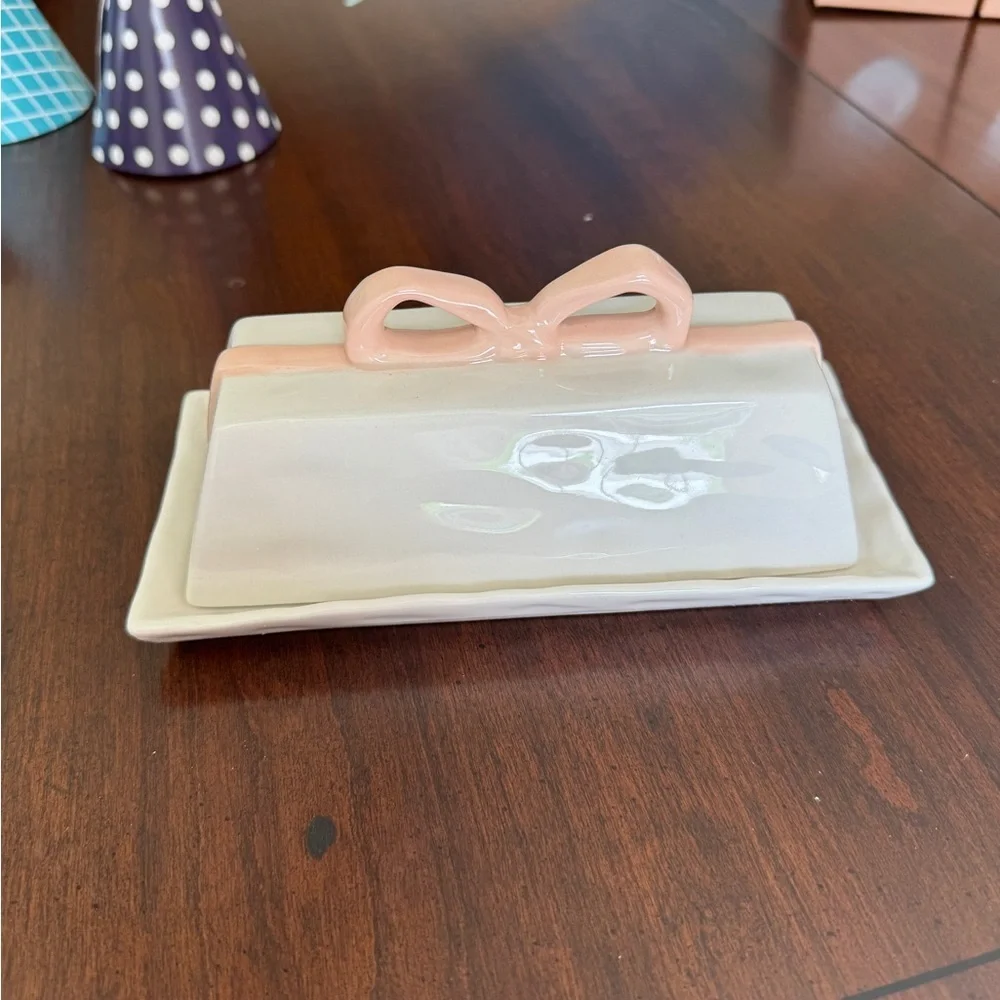 NEW Anthropologie Benedita Bow Ceramic Stoneware Butter Dish easter pastel decor